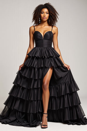 Noir A Line Spaghetti Straps Robe de Bal Plissé En Satin